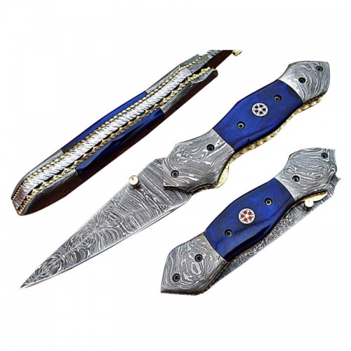 Damascus handmade folding knife beautiful structure with free leather sheath